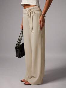 Avenya Women's Solid Color Drawstring Waist Casual Versatile Wide Leg Pants For Daily Wear - Khaki - View 4