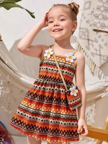 SHEIN Genkimix Kids 女童休闲可爱连衣裙，女童春夏背带连衣裙，女童春夏优雅连衣裙，针织提花面料，饰有3D花朵和包包图案，适合日常和户外穿着。 - 彩色 - 查看 3