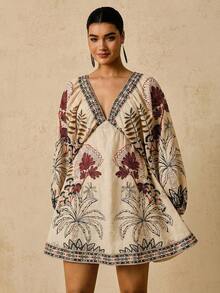Travachic Plus Size Beige Summer Boho Vacation Holiday Mini Dress,Floral Print Deep V-Neck Lantern Sleeve Waist Cinched Moroccan Kaftan Tunic Dresses - Multicolor - View 7