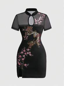 ROMWE Y2K Đầm ngắn kiểu sườn xám J-Fashion cổ voan mỏng in họa tiết rồng Shibuya dành cho nữ - màu đen - Xem 1