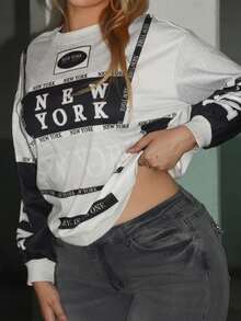 Arliah Sudadera holgada de cuello redondo de manga larga con estampado de letras, informal, para otoño/invierno - Ver 3