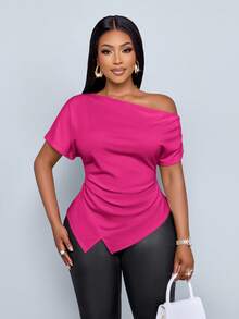 SOLERSUN Women's Elegant Asymmetric Neckline Ruched Asymmetric Hem T-Shirt - Hot Pink - View 5