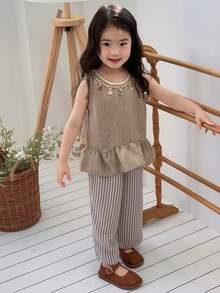 DAZY Baby Girl Ruffled Hem Sleeveless Shirt And Striped Pants Set - Light Grey - View 4