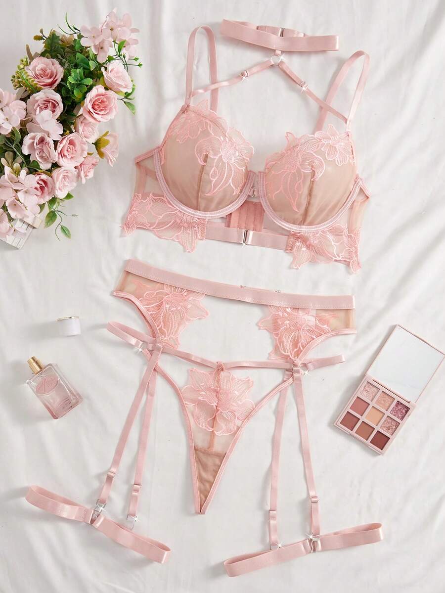 PetitDoll 5件套浪漫刺绣性感前开钩文胸套装，适合外出 - 彩色 - 查看 1