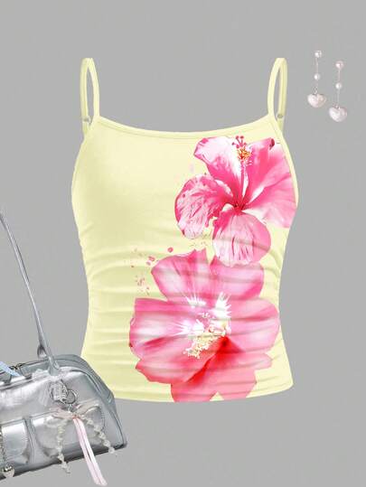 Cream Yellow Chill Vacation Tropical Floral Print Fitted Camisole Tank Top For Tween Girls, Casual Fashionable