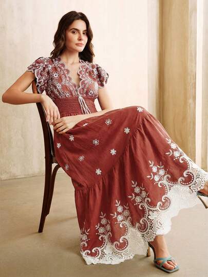 Anewsta Vestido largo con cintura ceñida, cuello en V, manga corta y parches de encaje bordado vintage