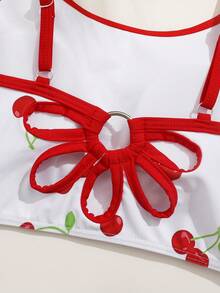 SHEIN 休闲樱桃印花镂空花朵设计少女吊带比基尼上衣，适合海滩、游泳池、派对等场合。樱桃比基尼，樱桃泳衣，樱桃印花泳装，少女樱桃泳衣，少女泳装，少女樱桃比基尼，高腰比基尼，适合少女 - 彩色 - 查看 4