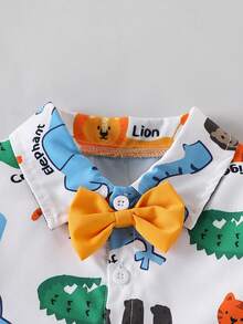 SHEIN Playful Pals 2pcs/Set Baby Boy Cute Animal Print Polo Shirt And Shorts,White,Summer,Casual,Family Matching,Party,Infant Toddler Newborn Zoo Dinosaur Outfit - Yellow - View 6
