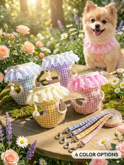 PETSIN Adjustable Small Medium Size Soft Breathable Mesh With Durable Nylon Pet Traction Rope Set Checkered Lace Design With Practical Mesh Pocket No Pull No Choke Reflective Anti Escape Safety Lock Buckle Easy Control Chest Back Harness Walking Leash For Dogs And Cats Suitable For Daily Walking Outdoor Adventure Travel Four Seasons Use Pet Day Gifts Fashion Pet Supplies