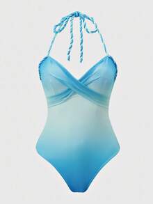 Swim Oasis Bộ áo tắm liền thân cổ yếm phối màu ombre dành cho nữ, kèm áo khoác ngoài và chân váy cùng màu, hoàn hảo cho kỳ nghỉ. - Màu xanh lam - Xem 12