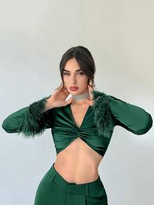 Aloruh girante delantero de peluche puño Top crop & Pantalones de pierna ancha - Verde Oscuro - Ver 5