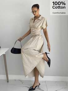 Siren Gaze 女款純色翻領短袖抓皺腰身休閒洋裝 - 杏色 - 查看 6