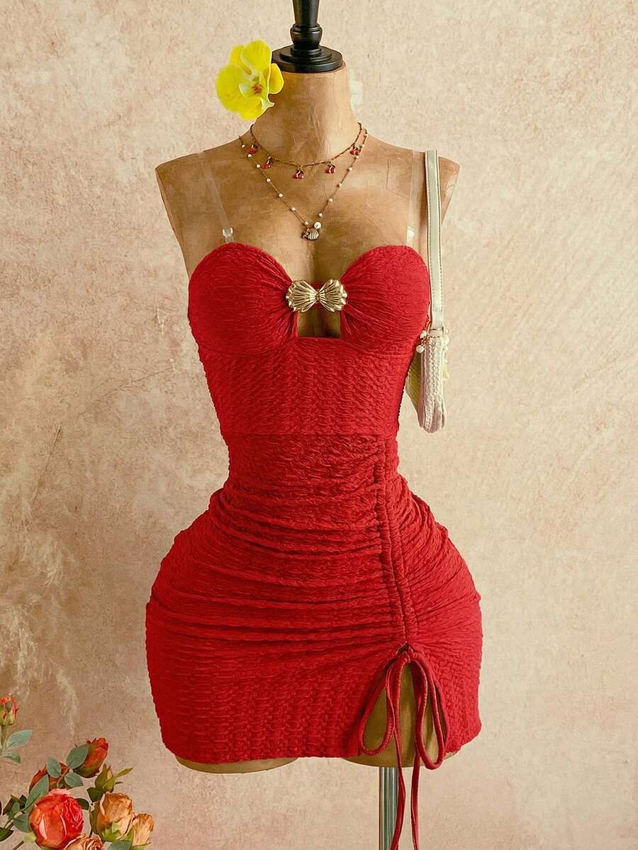 Soleia Nuovo abito casual da vacanza, stile occidentale, da spiaggia, per matrimoni, lauree, brunch di San Patrizio, primavera, Pasqua, festival musicali, elegante, bohémien, tropicale, grazioso, con texture, laccetti, decorazioni in metallo e arricciature, in verde mini - Rosso - Visualizzare 1