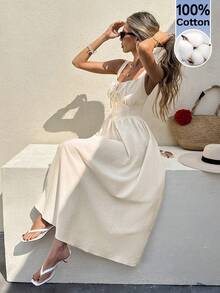 Serisse Đầm nữ trơn màu, không tay, kiểu dáng thường ngày. - Màu be - Xem 6