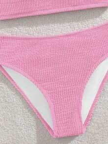 SHEIN 少女比基尼套装，欧美时尚简约优雅休闲针织波浪面料泳衣两件套，适合度假、游泳、夏季、海滩穿着 - 西瓜粉 - 查看 4