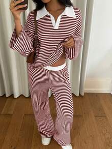 Siren Gaze Women's 2pcs Set Loose Striped V-Neck Drop Shoulder Long Sleeve T-Shirt &Elastic Waist Striped Pants, Winter Sweater Suit ,Autumn/Winter Comfy Two Piece Set 2 Piece Lounge Sets Woman Striped Two Piece Set Lounge Wear Women Set Comfortable Two Piece Set - Red and White - View 6
