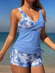 Swim Lushoire 春假女式热带植物印花休闲平角内裤全背心比基尼泳衣 - 淺藍色 - 查看 5