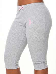 Women Capri Leggings With Baby Pink Back Text Print Mid Length Casual Ribbed Comfort Pants - Light Grey - View 2