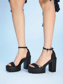 Sugerpunk Sandalias de tacón alto con diseño de hebilla y suela gruesa para mujer - Negro - Ver 4