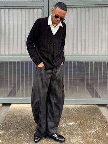 Ngobest Haus Ngobest Haus 男士时尚休闲宽松条纹刺绣长裤，秋季 - 黑色 - 查看 4