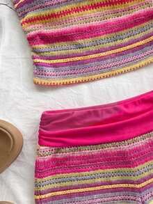 SHEIN Tween Girl Matching Casual Minimalist Comfortable Colorful Striped Tank Top And Shorts Set,Kids - Hot Pink - View 3
