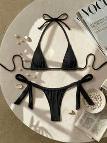 SHEIN X Sofía Suescun Swim SXY 性感蝴蝶结绷带女士泳衣套装 - 黑色 - 查看 1