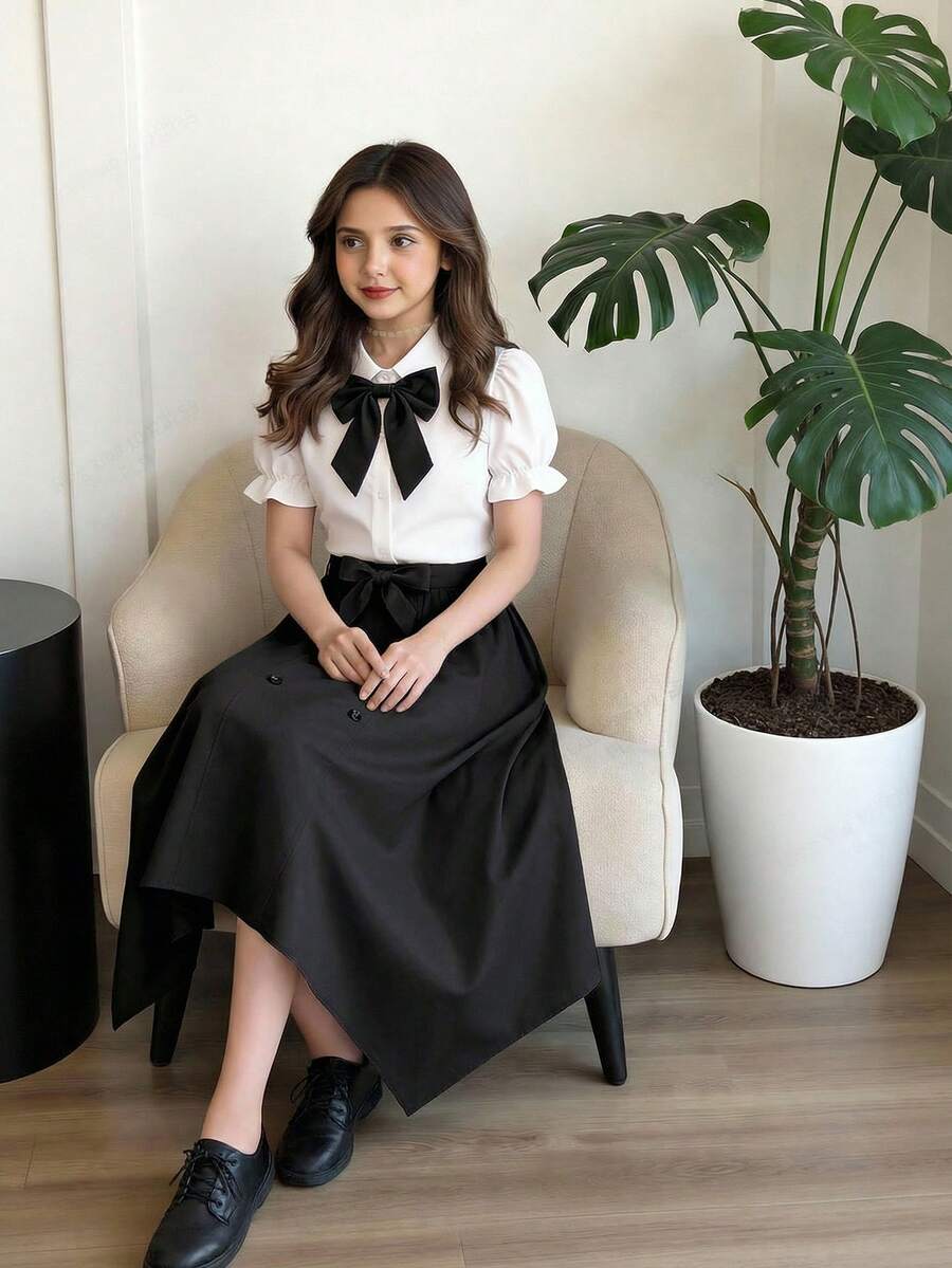 SHEIN 两件套珠饰蝴蝶结优雅露脐上衣和中长裙套装,适合少女,可用于生日派对、宴会、舞会、晚宴、花童、伴娘、毕业典礼、选美比赛、节日庆典等场合。 - 黑色 - 查看 1