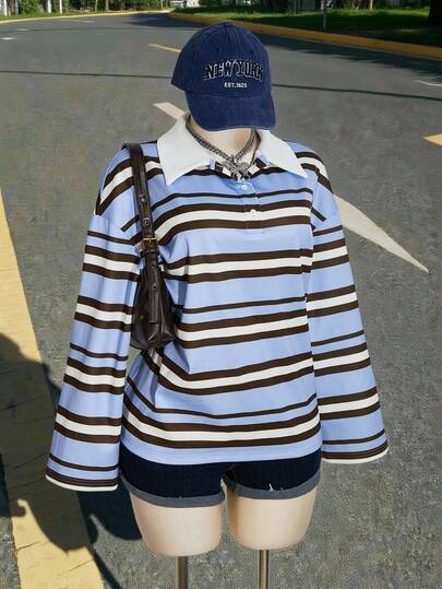 SHEIN ICON Camiseta a rayas azul y marrón para mujer de talla grande