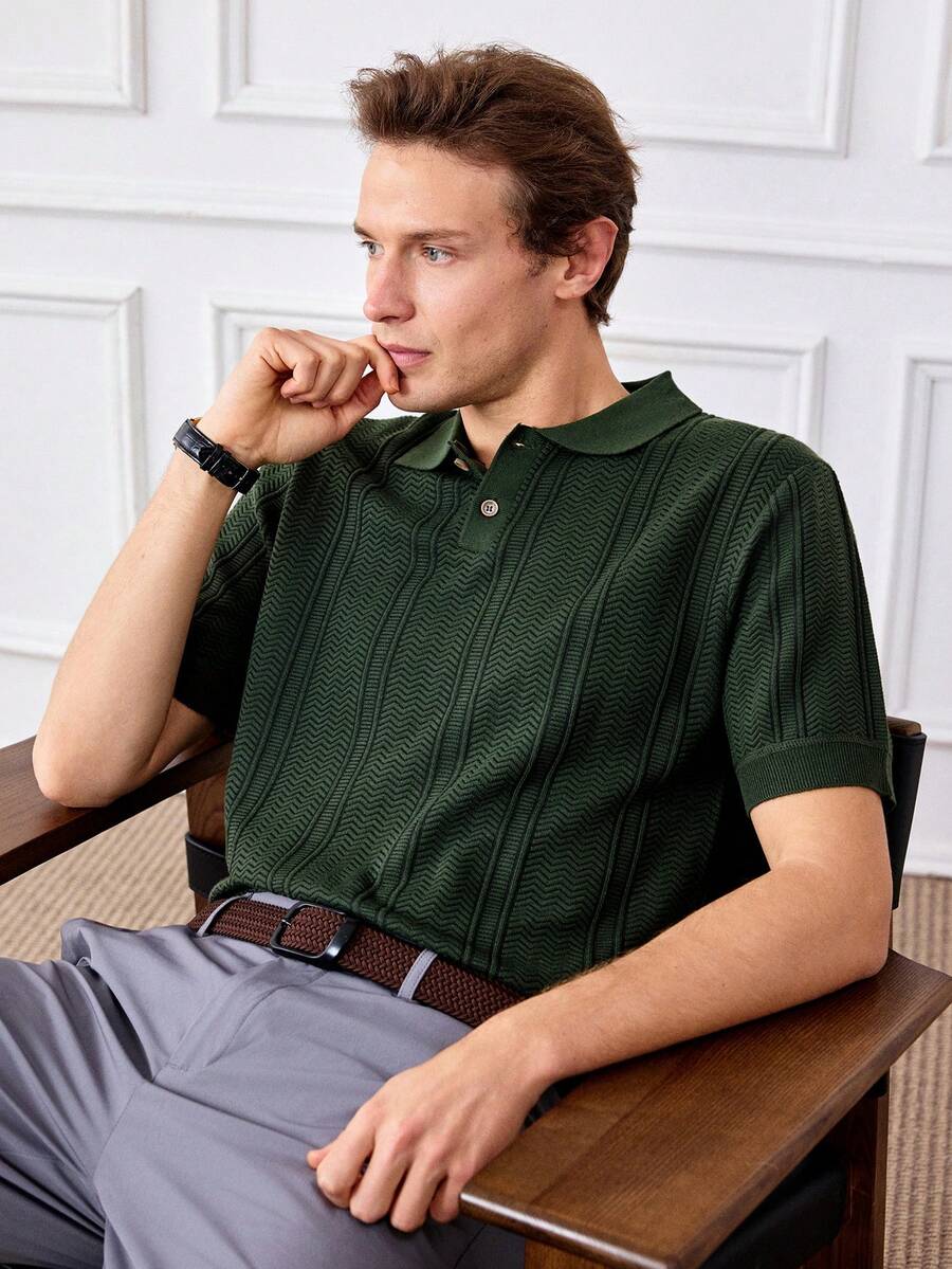 Officeau 男士休闲针织Polo衫，透气绿色针织衫，常规版型，短袖，经典Polo领 - 橄欖綠 - 查看 1