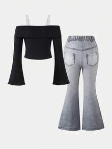 SHEIN 小女孩豹纹网眼露肩喇叭长袖短款上衣搭配纯黑色喇叭裤 2 件套，休闲优雅的日常穿着，女孩豹纹装小女孩黑色装猎豹印花上衣儿童儿童豹纹上衣女孩黑色喇叭裤 - 黑色 - 查看 3