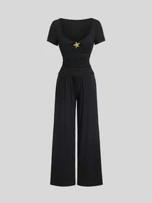Sweetra Women's Metal Starfish Decor Short Sleeve T-Shirt And Pants Casual 2 Pieces Set, Spring/Summer - Black - View 7