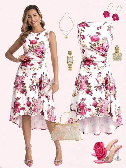 Ellevyn Women's Elegant Floral Print Sleeveless Midi Dress, Summer Pink Dress Festival Dresses  Floral Dresses For Women  Summer Outfits   Summer Dresses Wedding Guest Dresses  Wedding Party Dress  Summer Women's Retro Vacation Commuting Casual Elegant Versatile Classic Floral Print Knit Stretch Romantic Waist-Cinching Pleated Dress Wedding Guest Dress Pink Dress