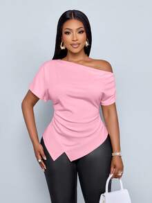 SOLERSUN Women's Elegant Asymmetric Neckline Ruched Asymmetric Hem T-Shirt - Baby Pink - View 5