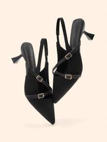 CUCCOO BASICS 女士尖头猫跟鞋，黑色针织交叉绑带，日常百搭通勤鞋，舒适透气，后跟系带高跟鞋 - 飛織黑色 - 查看 5