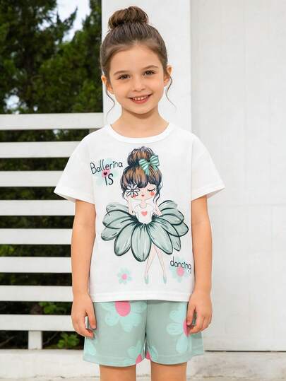 SHEIN Bộ 2 món cho bé gái, gồm áo in hình hoạt hình dễ thương và quần short in họa tiết hoa.