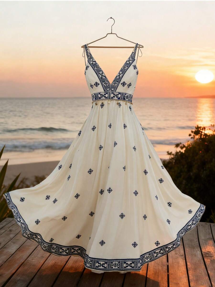 GlowEve Đầm hai dây cổ chữ V in họa tiết phối màu tương phản dành cho nữ - Màu be - Xem 1