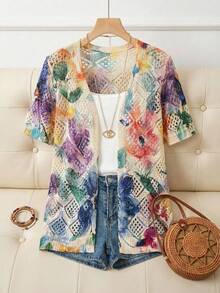 EMERY ROSE Áo khoác cardigan cổ tròn nhẹ họa tiết tie-dye nghệ thuật cổ điển mới dành cho nữ, hợp thời trang cho mùa xuân/hè - Màu be - Xem 3