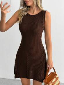 SHEIN 无袖罗纹针织A字迷你连衣裙，船领 - 棕色 - 查看 6
