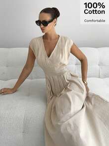 Siren Gaze 女士优雅休闲米色舒适V领短袖褶皱收腰A字飘逸长裙，夏季海滩度假假日派对婚礼宾客毕业典礼办公室工作装长裙休闲长裙夏季连衣裙中长裙女士米色连衣裙女士优雅舒适连衣裙时尚连衣裙女士夏季连衣裙女士优雅套装66499927连衣裙女装连衣裙女士连衣裙正式服装女士休闲连衣裙女士优雅连衣裙米色V领连衣裙 - 杏色 - 查看 6