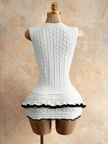 Mistrie Women's White Knit Button Sweater Vest Top Twisted Rope Sleeveless Casual Autumn Elegant And Classy School Back-To-School Patchwork Summer Tops - White - View 2