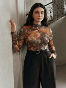 Anewsta Plus Size Women's Brown Polka,Autumn,Classy,Night Out Club Elegant Stand Collar Long Sleeve Top,Semi-Sheer Floral Print Lightweight Fitted Top - Orange - View 4