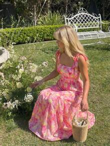 KARISMINA Đầm midi hai dây in hoa thanh lịch, lãng mạn, thích hợp cho kỳ nghỉ hè, dành cho nữ, phong cách thường ngày, thích hợp cho mùa xuân/hè. - Hồng - Xem 9