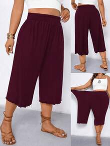 Linhara CURVE Plus Size Women Casual Ruffle Hem Wide Leg Capri Pants - Burgundy - View 1