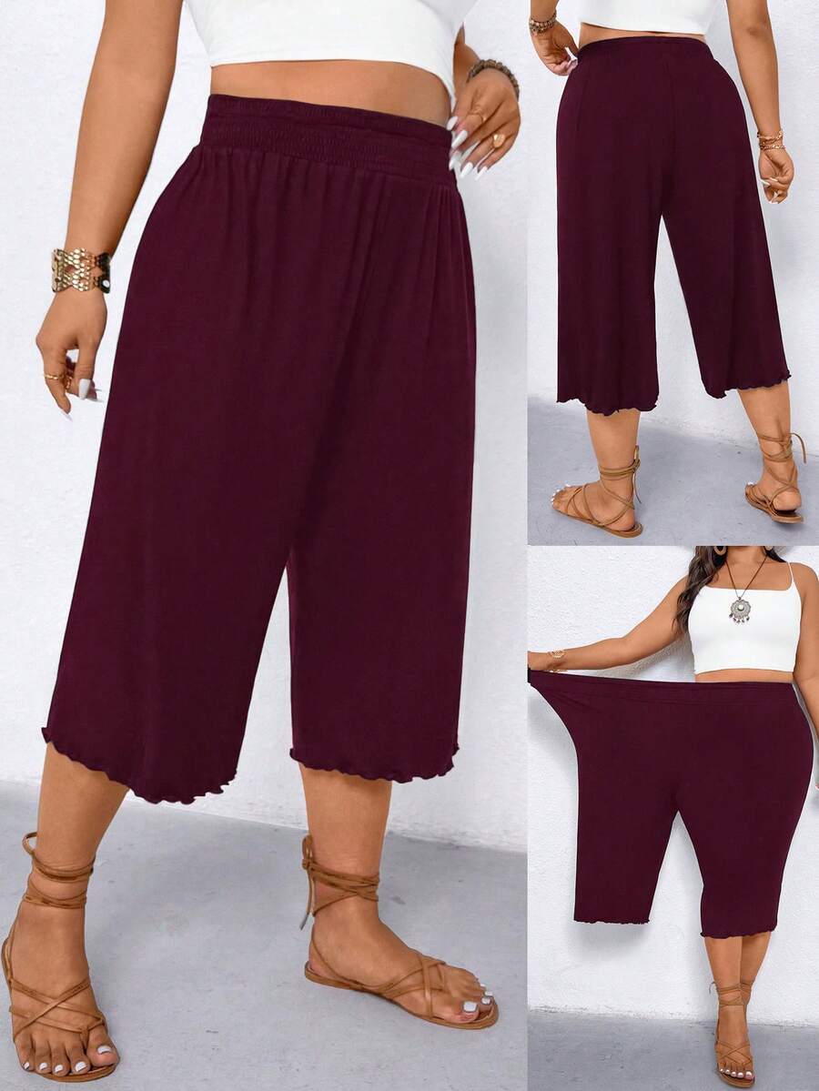 Linhara CURVE Plus Size Women Casual Ruffle Hem Wide Leg Capri Pants - Burgundy - View 1