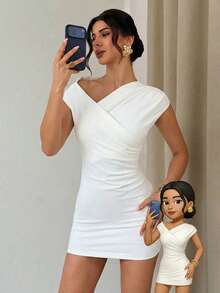 Firerie Đầm ngắn nữ màu trơn, xếp ly eo, thanh lịch, thích hợp cho hẹn hò và tiệc tùng. - trắng - Xem 2