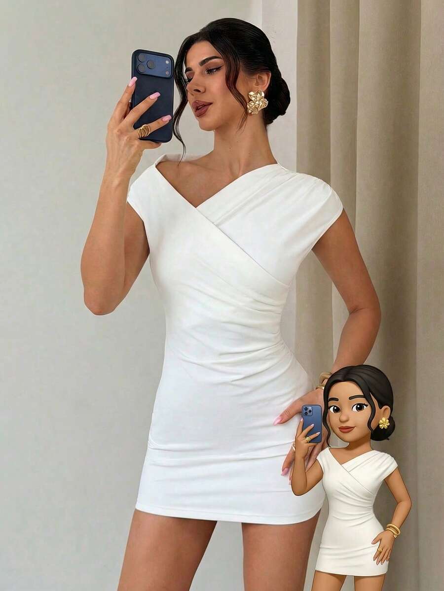 Firerie Đầm ngắn nữ màu trơn, xếp ly eo, thanh lịch, thích hợp cho hẹn hò và tiệc tùng.