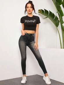 SHEIN Essnce 女士休闲日常通勤简约纯色高腰紧身牛仔裤 - 黑色 - 查看 3