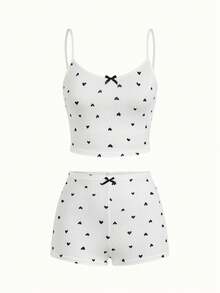 SHEIN Heart Print Bow Front Cami Top & Shorts PJ Set / Pajama Set - Multicolor - View 1