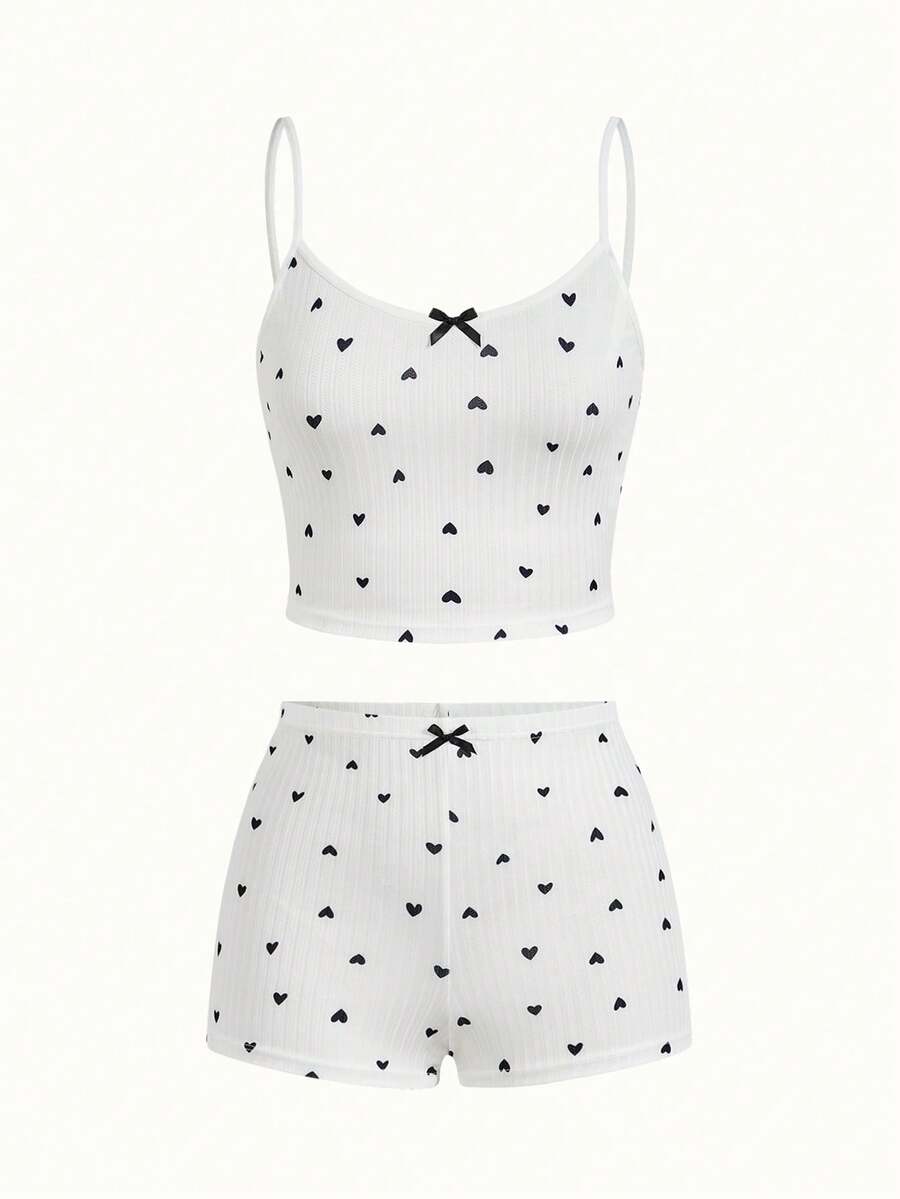 SHEIN Heart Print Bow Front Cami Top & Shorts PJ Set / Pajama Set - Multicolor - View 1