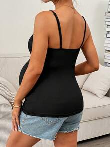 SHEIN Maternity Solid Color Contrast Lace Ribbed Camisole - Black - View 2